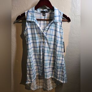 French Laundry Blue and White Blouse with Plaid Pattern